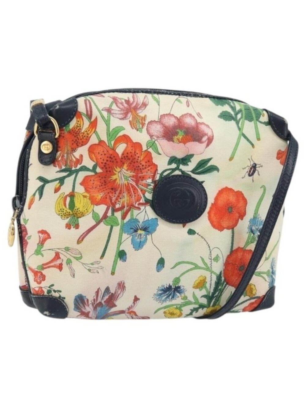 Authentic GUCCI Flora Shoulder Bag Canvas Leather White Gold 007 115 1093